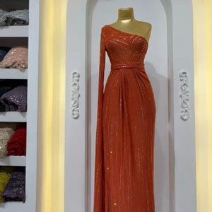 Beautiful Beaded One Shoulder Dramatic Evening Gown